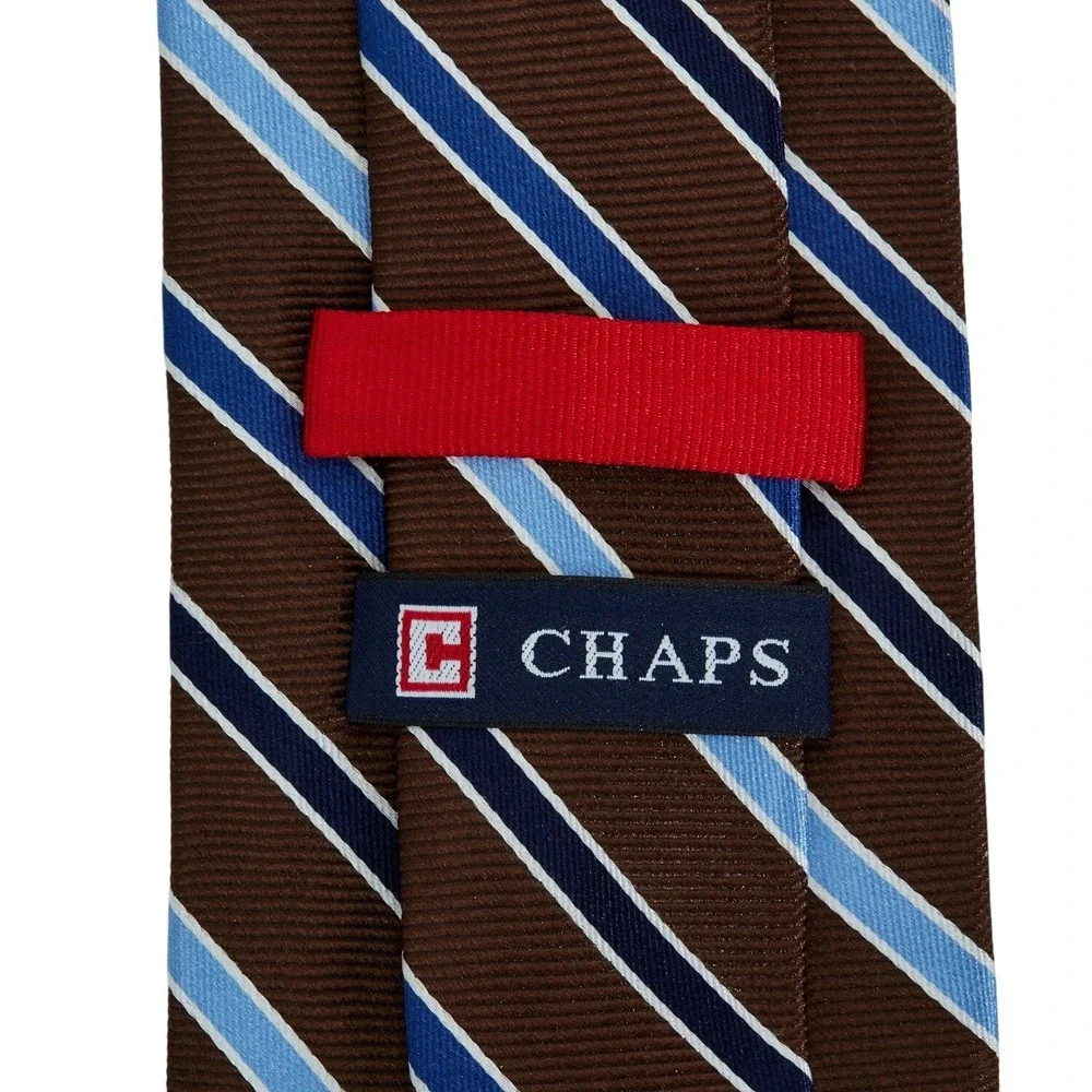 CHAPS Mens 100% Silk Classic Necktie‎ Designer STRIPED Brown Blue Striped EUC